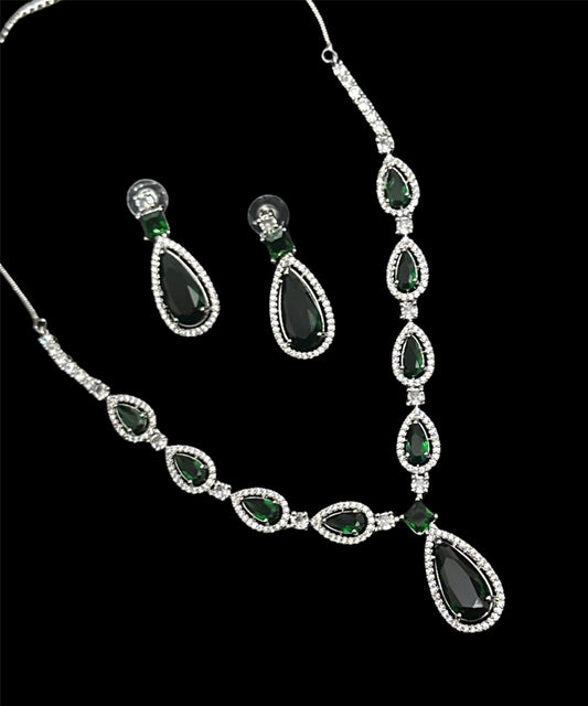 Premium CZ Stones Studded Green Necklace Choker Set With Heavy Look Drop Earrings