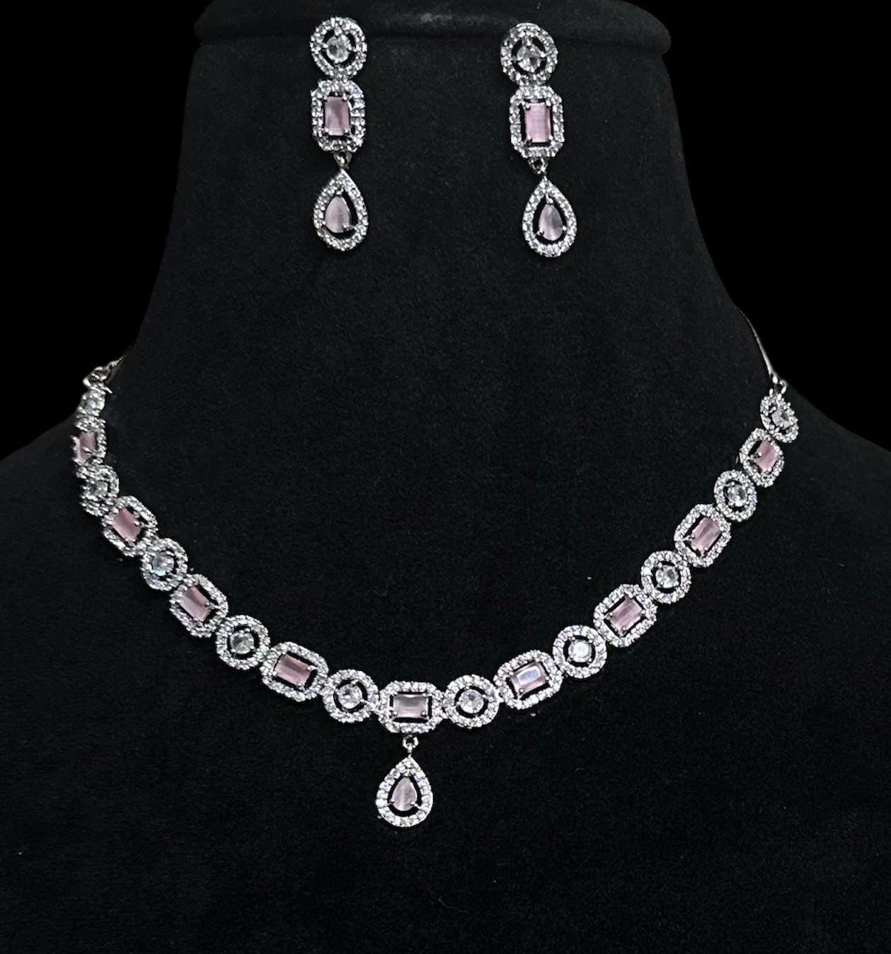 Premium CZ Stones Studded Necklace Choker Set With Drop Earrings