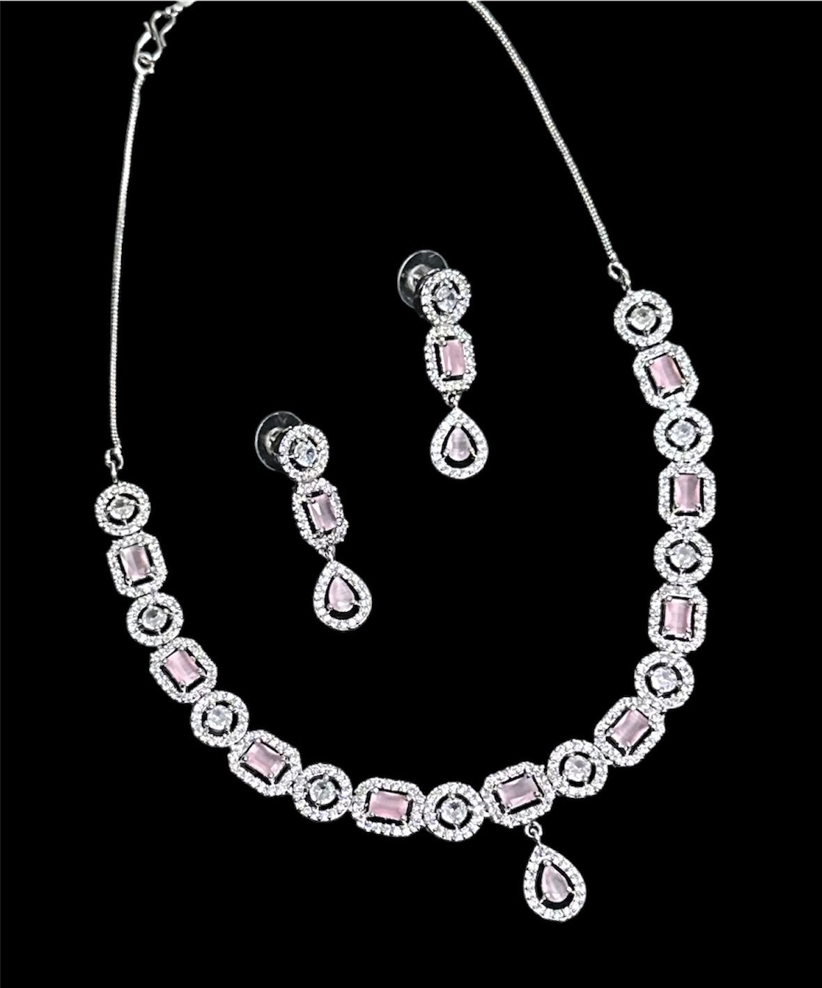 Premium CZ Stones Studded Necklace Choker Set With Drop Earrings