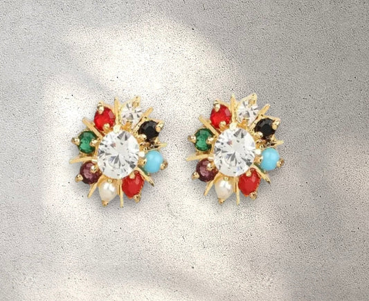 Premium Navratan Stones Style Push Plugs Studs Earrings