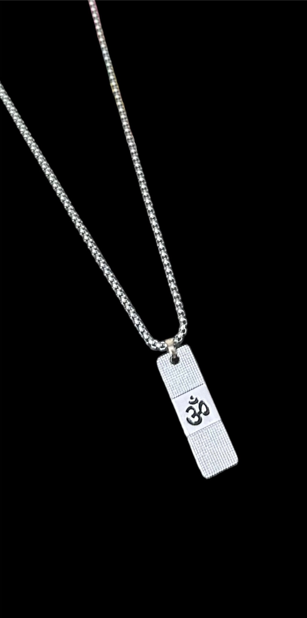 Spiritual OM Engraved Dual Side Sleek Bar Pendant With Chain