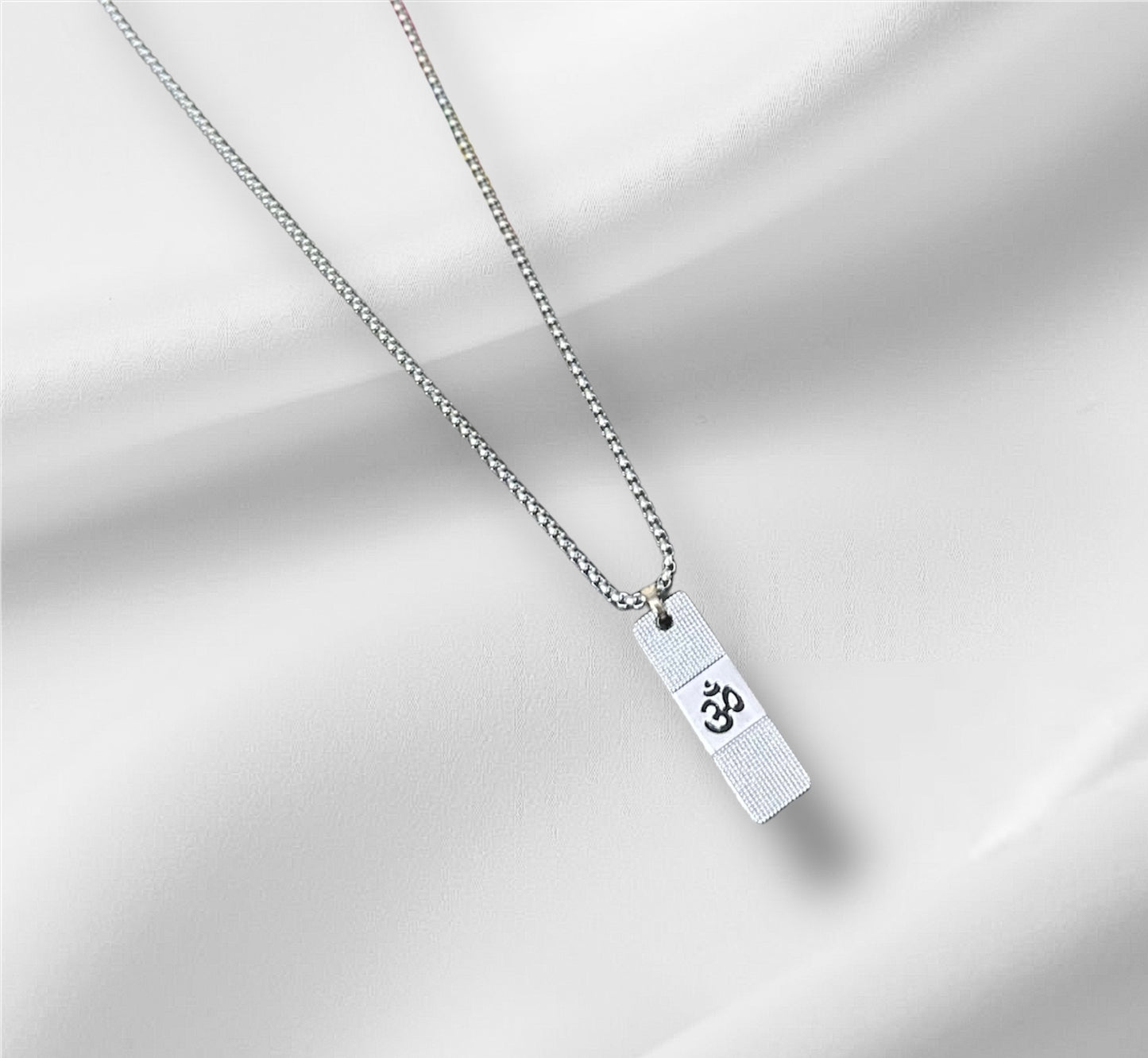 Spiritual OM Engraved Dual Side Sleek Bar Pendant With Chain