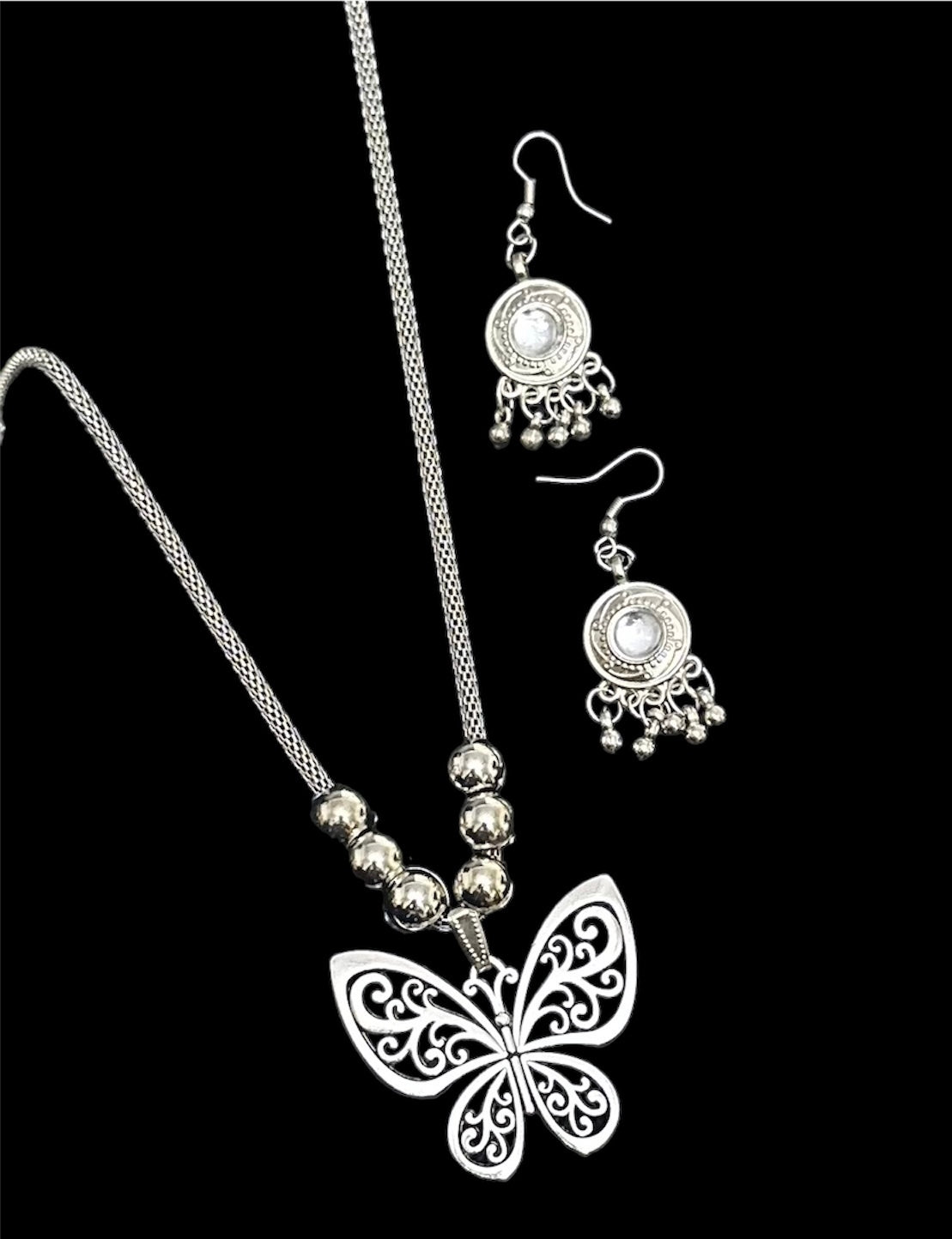 Oxidised Butterfly Necklace Pendent Set With Earrings