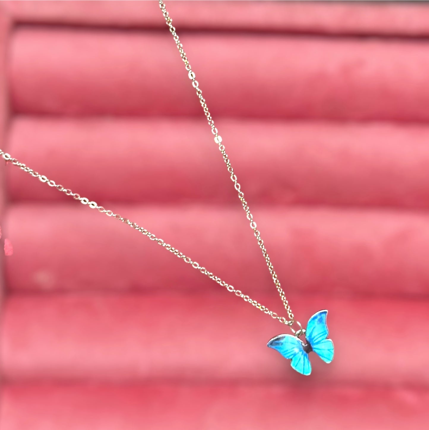 Minimal Blue Colored Butterfly Pendant With Silver Colored Chain For Girls and Women