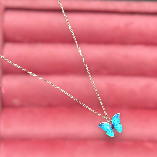 Minimal Blue Colored Butterfly Pendant With Silver Colored Chain For Girls and Women