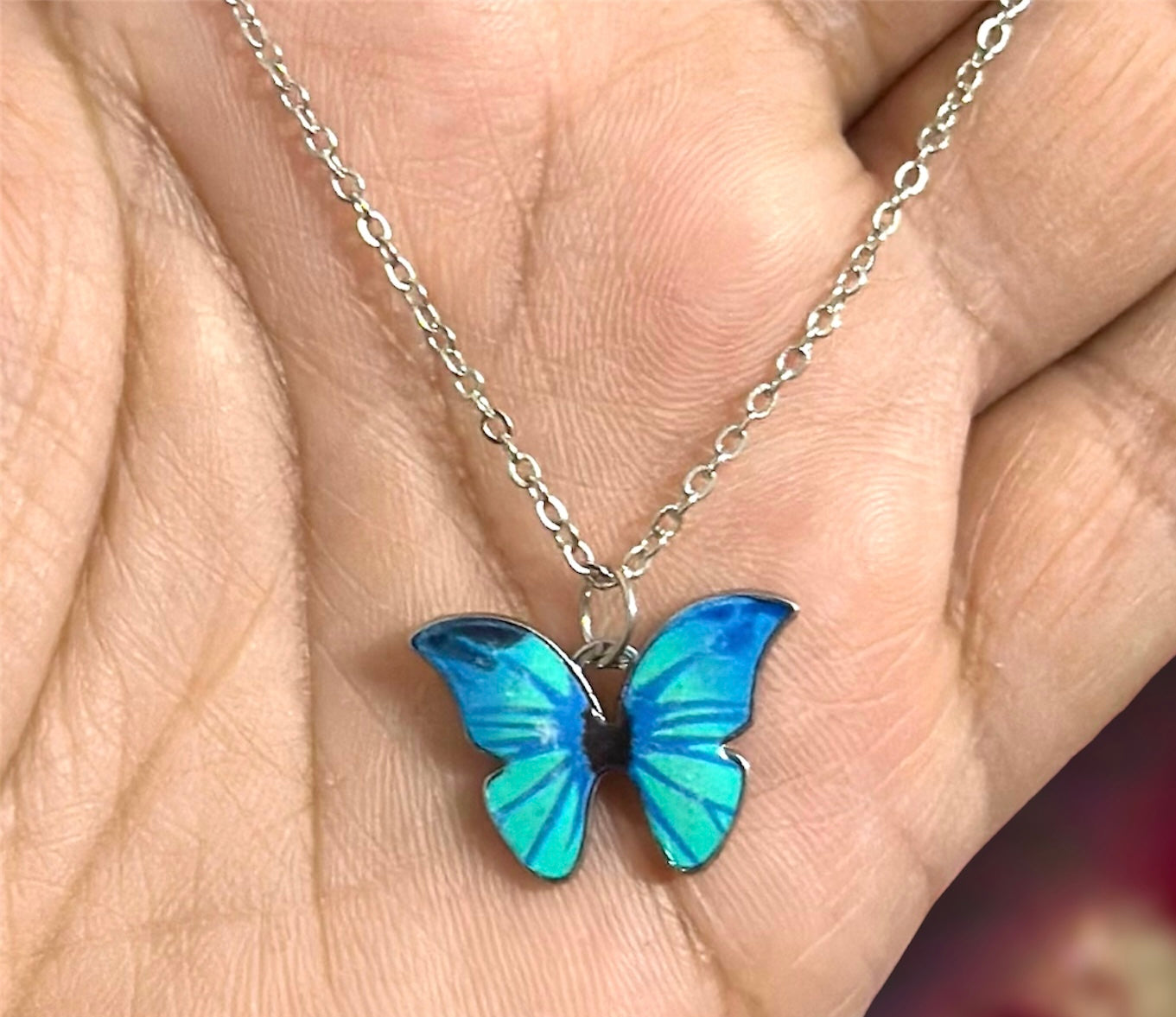 Minimal Blue Colored Butterfly Pendant With Silver Colored Chain For Girls and Women