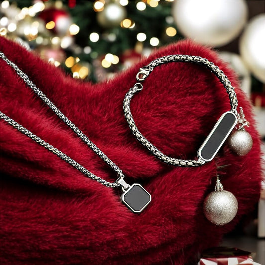 Combo of Black Glass Long Pendant and Bracelet Set For Boys and Men