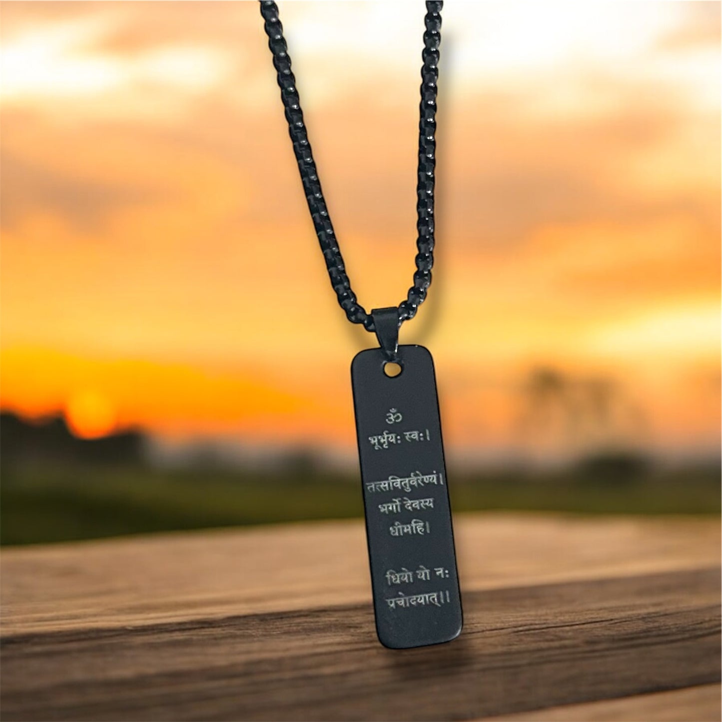 Spiritual Hindi Gayatri Mantra Written On Black Bar Pendent Necklace Chain