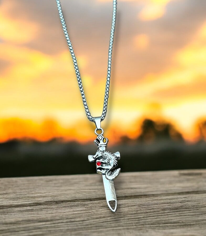 Wolf Sword Stones Studded Western Necklace Pendent Chain