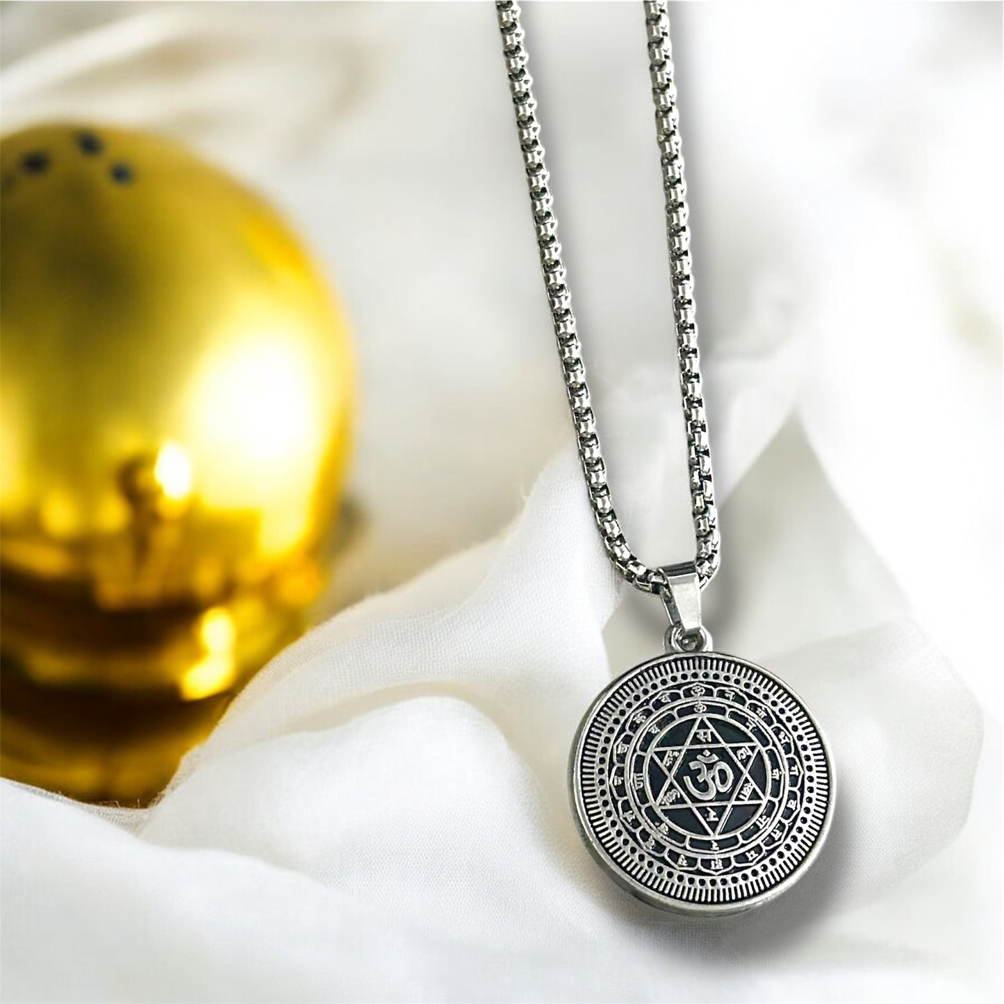 Elegant Silver Om Pendant Necklace with Sacred Geometry Design