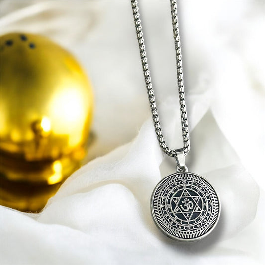 Elegant Silver Om Pendant Necklace with Sacred Geometry Design