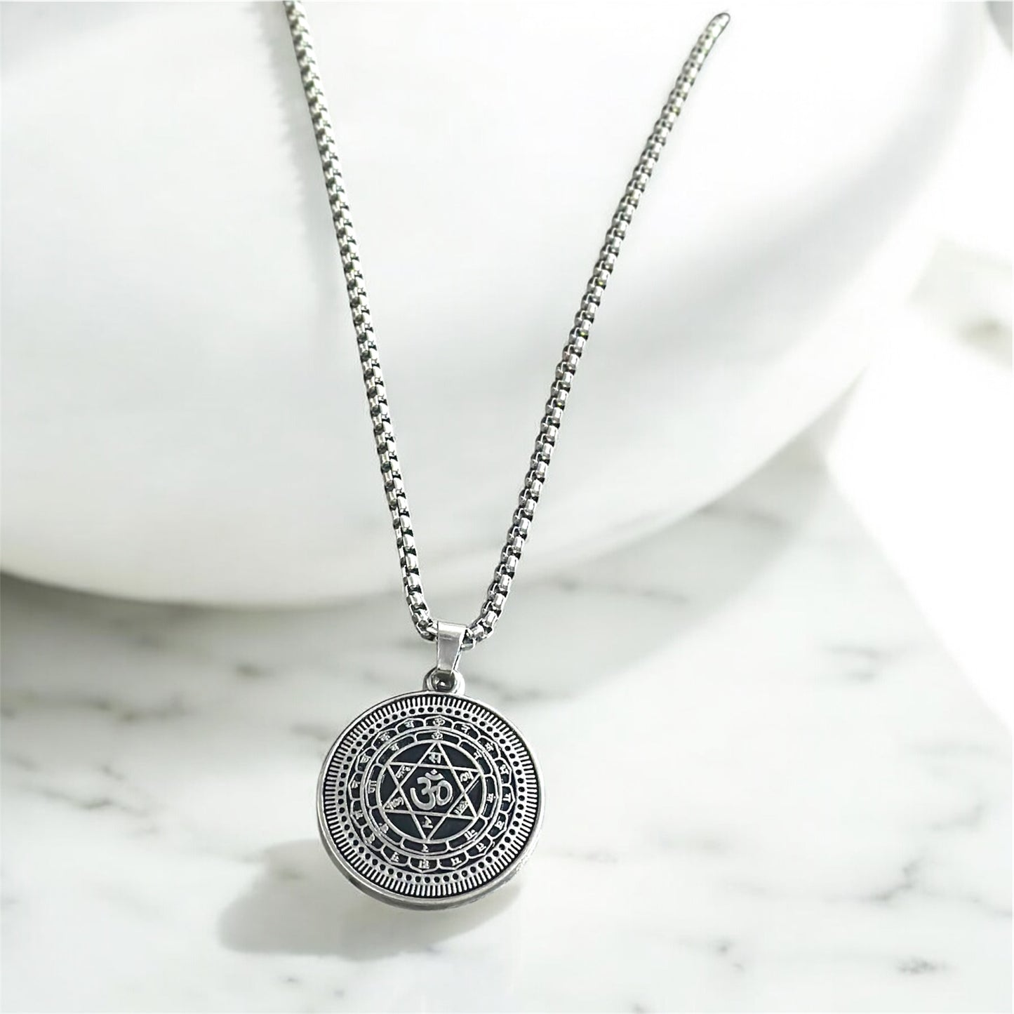 Elegant Silver Om Pendant Necklace with Sacred Geometry Design