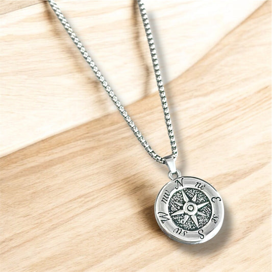 Vintage Compass Pendant Necklace – Directional Travel Amulet in Antique Silver for Men & Women