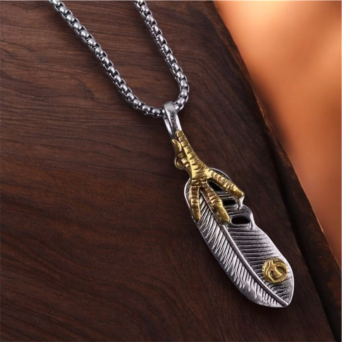 Men’s Stainless Steel Feather Pendant Necklace | Golden Claw Design | Trendy Boho Fashion Jewelry for Men