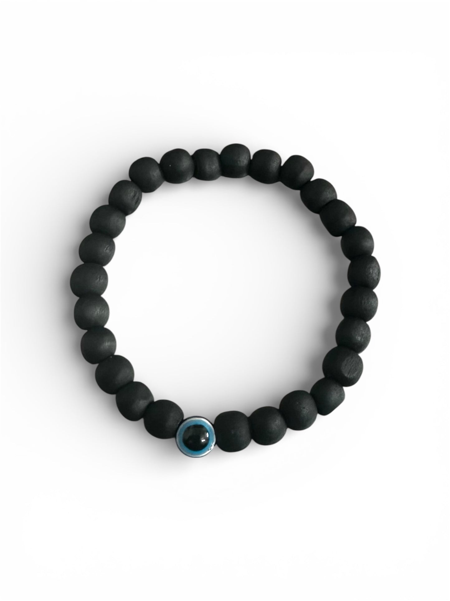 Black Wooden Bead Bracelet with Evil Eye Charm – Adjustable Stretch Bracelet for Men & Women