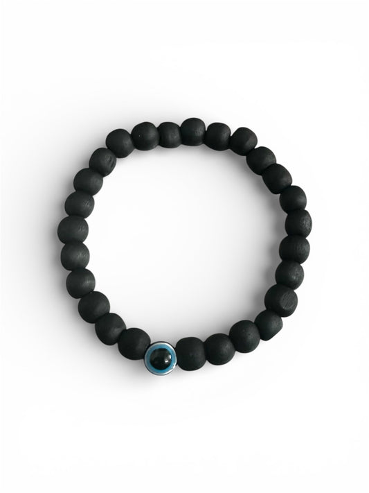 Black Wooden Bead Bracelet with Evil Eye Charm – Adjustable Stretch Bracelet for Men & Women