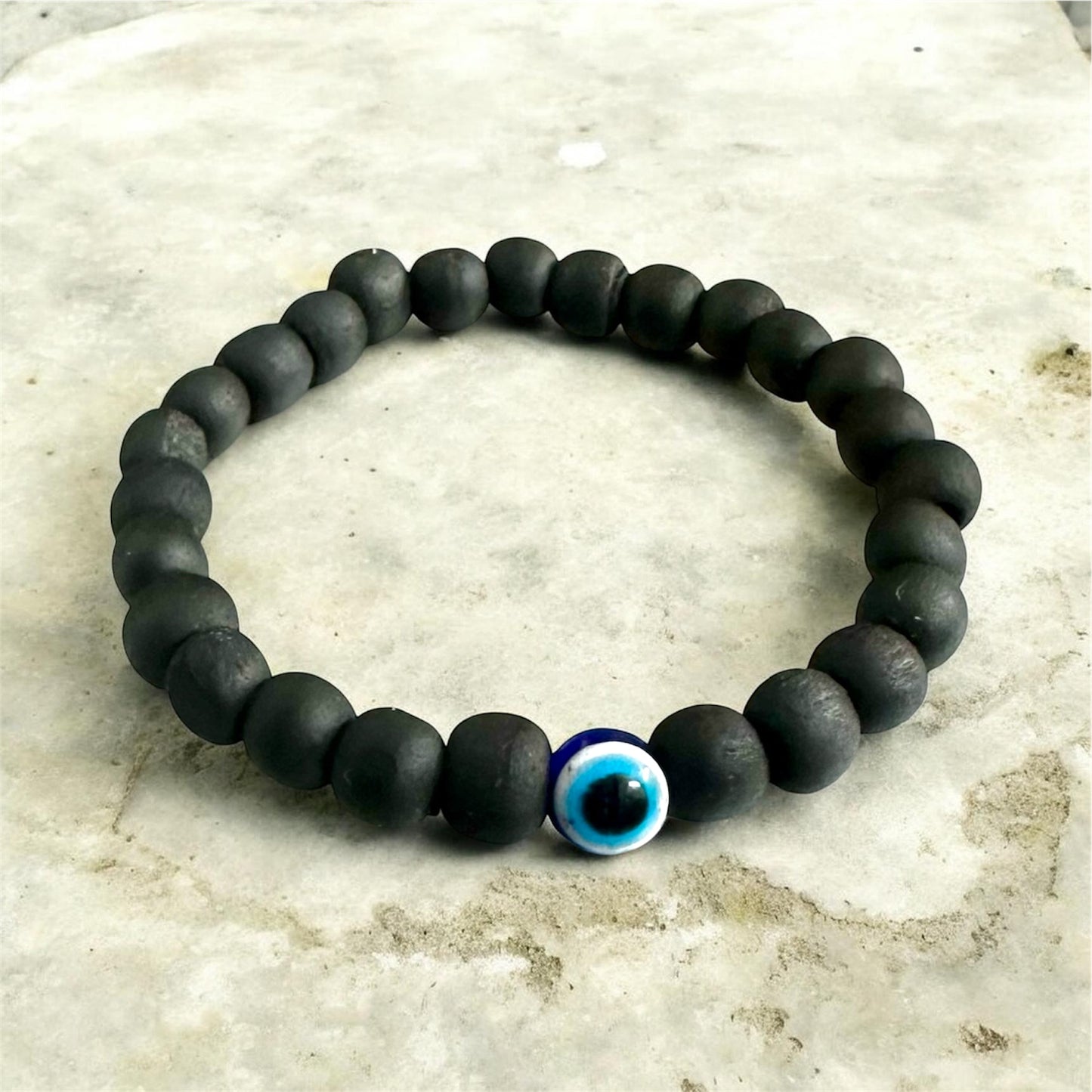 Black Wooden Bead Bracelet with Evil Eye Charm – Adjustable Stretch Bracelet for Men & Women