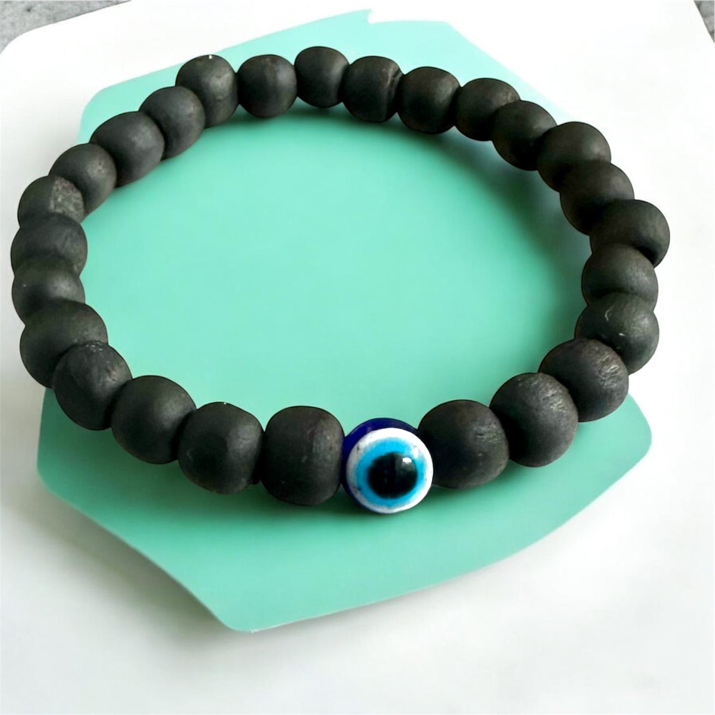 Black Wooden Bead Bracelet with Evil Eye Charm – Adjustable Stretch Bracelet for Men & Women
