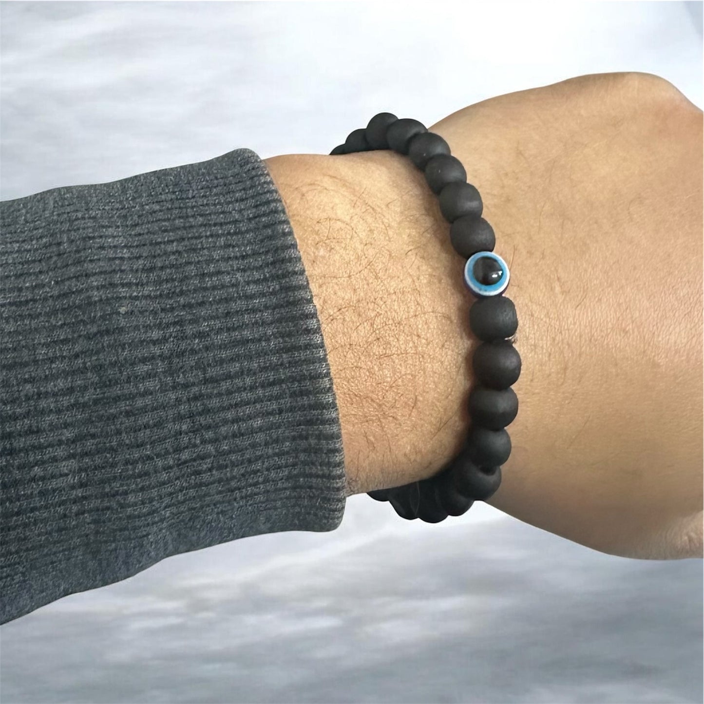 Black Wooden Bead Bracelet with Evil Eye Charm – Adjustable Stretch Bracelet for Men & Women