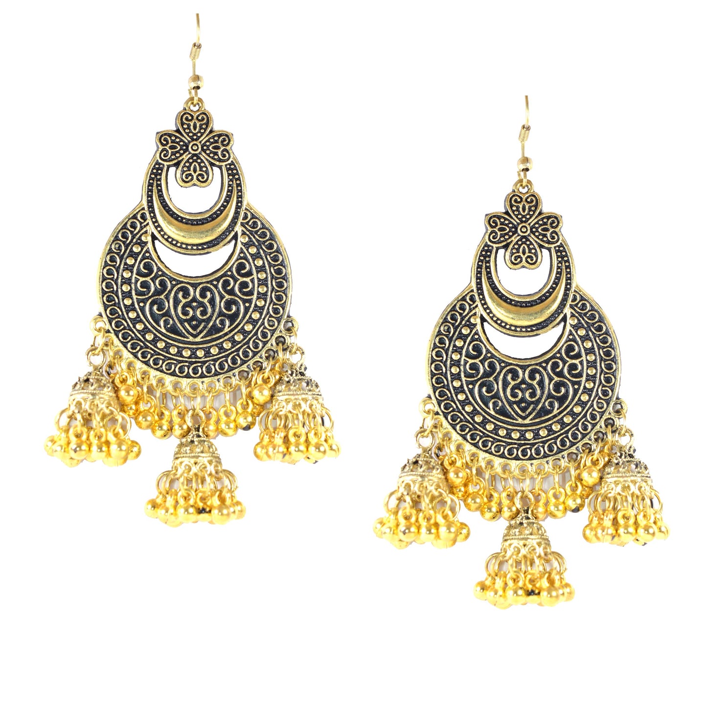 Multiple Jhumki Style Golden Antique Fish Hook Earrings