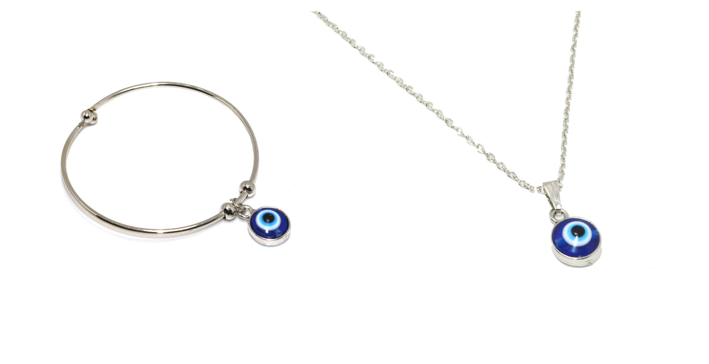 Combo of Silver Colored Blue Evil Eye Adjustable Hand Bracelet and Pendent Chain.