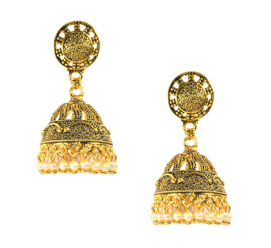 Multiple Pearl Hangings Golden Dome Style Jhumka Push Plugs Earrings