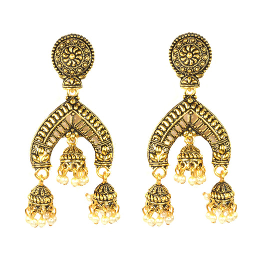 Golden Multiple Hangings Pearl Style Drop Jhumka Push Plugs Earrings