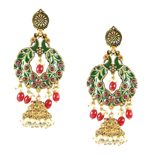 Heavy Stones Studded Peacock Style Golden Meena Jhumki Drop Earrings