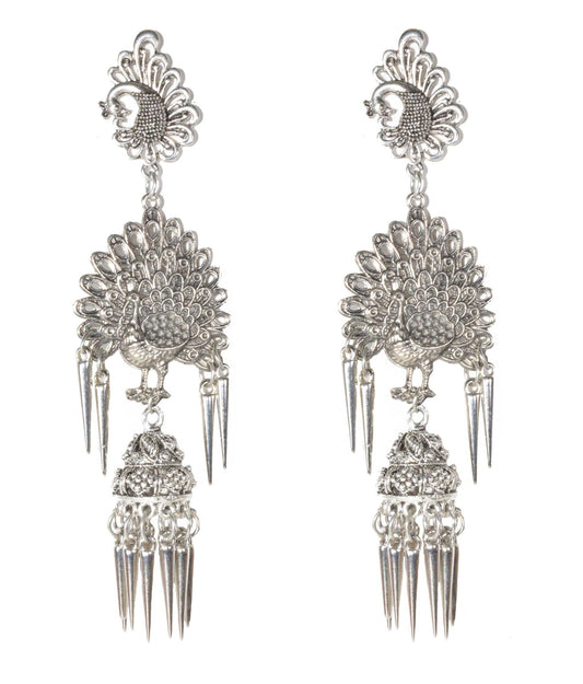 Oxidised Silver Heavy Peacock Style Push Plugs Long Earrings