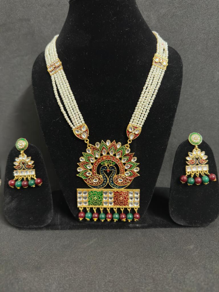 Designer Multi-Layer Peacock Style Pendant Necklace Set with Matching Earrings - Perfect for Weddings & Festive Celebrations