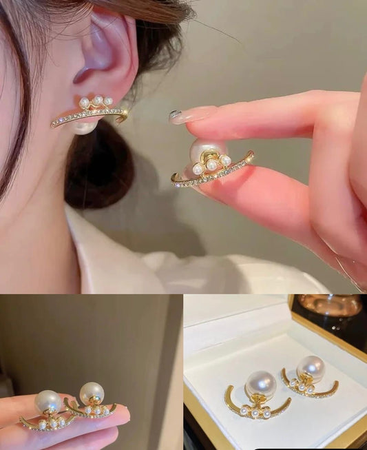 Round Pearl AD Stones Studded Korean Push Plugs Stud Earrings